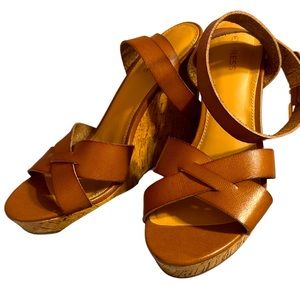 EXPRESS Cork Wedge Brown Crisscross Strappy Sandals Women’s SZ 9